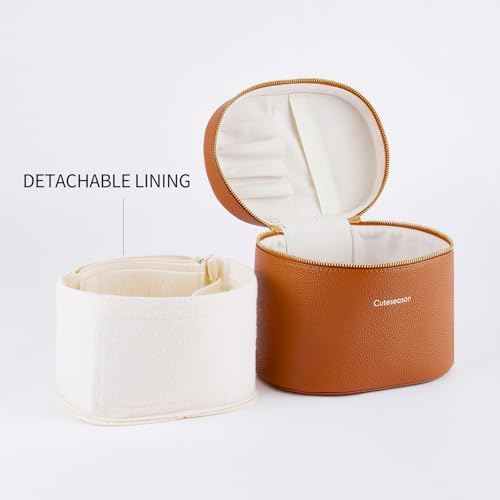 Large Makeup Bag Organizer, PU Leather Makeup Case with Removable Dividers, Waterproof Travel Cosmetic Bag(Brown) - color: Brown