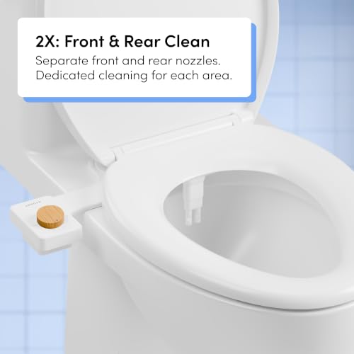 TUSHY NEW Fresh Dual Nozzle Cool Water Bidet: Ultra Slim Toilet Seat Attachment Sprayer with Luxury 2 in 1 Front & Rear, Self-Cleaning, 180º Clean (DIY Install, 10 Minutes), Non-Electric, Bamboo Knob - color: Bamboo Knob, style: Dual Nozzle