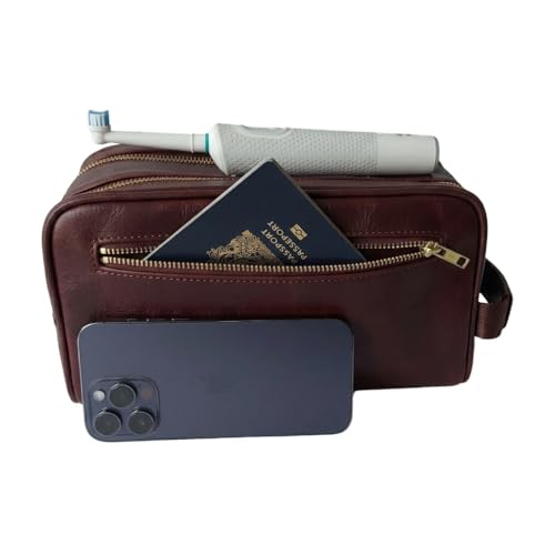 Toiletries bag for men, Premium PU Leather Travel Kit, Metal Zippers & Bottom Studs, Velvet Dust Bag & Shape-Retention Packaging – Gift Ready For Groomsmen, Anniversary, Birthday Gifts / DARK BROWN - color: DARK BROWN