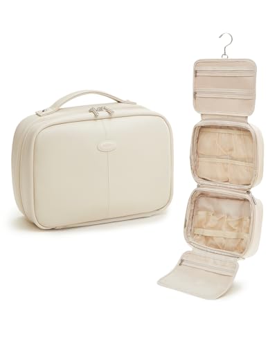 EACHY Toiletry Bag with Hanging Hook, Travel Makeup Bag PU Leather Cosmetic Bags for Women Make Up Organizer with 4 Compartments Waterproof Full-Size Portable Travel Essentials (White，Pro) - color: B-Pro-White