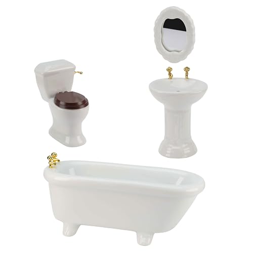Waldosia 1:12 Scale White Porcelain Dollhouse Bathroom Set – 4-Piece Miniature Furniture with Bathtub, Pedestal Sink, Toilet & Mirror