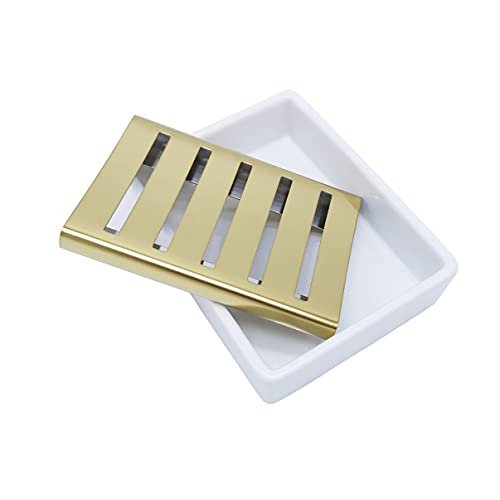 Ceramic Soap Dish Gold Stainless Steel Soap Holder for Shower and Bathroom Double Layer Draining Soap Box