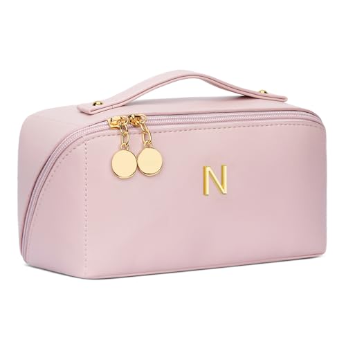 Initial Makeup Bag Gifts for Women Bridesmaid Gifts Travel Toiletry Personalized PU Leather Waterproof Cosmetic Bag (Medium-Pink-N) - color: MediumPink, style: N