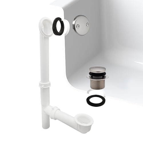 Westbrass A593244-07 14" x 1-1/2" White Tubular Bathtub Waste & Overflow Assembly with Tip-Toe Drain Plug and 2-Hole Faceplate, Satin Nickel - color: Satin Nickel, size: 1 Pack