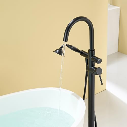 Wowkk Tub Filler Freestanding Bathtub Faucet Black Floor Mounted Brass Bathroom Tub Faucets with Hand Shower - color: Black