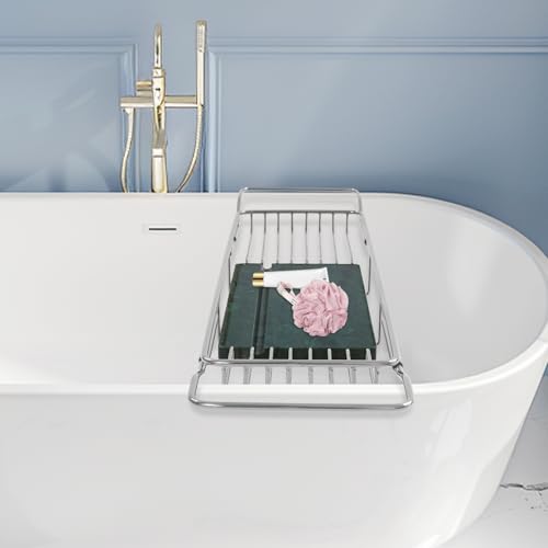 Expandable Bathtub Tray, 26.7-35.4 Inches Stainless Steel Bath Caddy Tray with Marble Base Adjustable Luxury Bath Trays for Tub Scented Candle Wine Glass Books (Silver+Green) - color: Silver+green