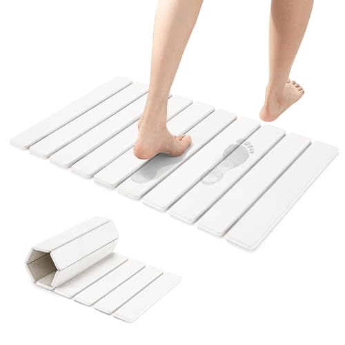 Large Foldable Stone Bath Mat,Diatomaceous Earth with Non-Slip and Super Absorbent, Dry Mat with Quick Dry for Bathroom,Easy to Clean（23.6" Lx15.35 W,White） - color: White