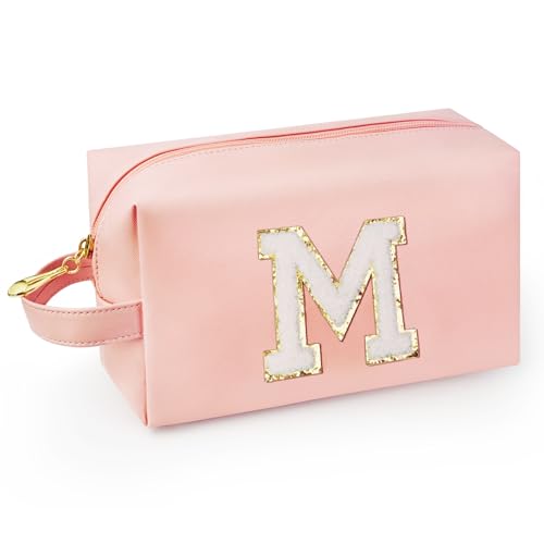 Personalized Initial Makeup Bag with Handle, Preppy Cosmetic Bag with Inner Zipper Pocket, 8 9 10 11 12 13 14 Years Old Girl, Graduation Gifts for Teen Girls Women Teachers (M, Pink) - color: Pink, style: M