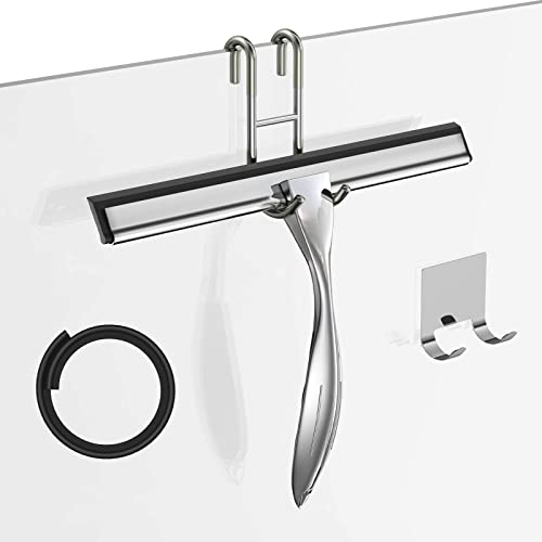 Shower Squeegee Set, 10-Inch Stainless Steel Squeegee for Bathroom, Shower Doors, Mirrors, Tiles, and Car Windows - 100% Streak Free, Includes Shower Door Hook, Adhesive Hook and Spare Silicone Blade - color: Silver, size: 10-inch