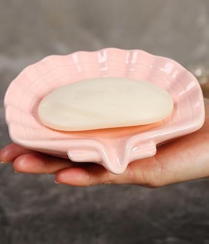 Ceramic Shell soap Box self draining European Design Sink Bathroom Shower soap Tray Anti-Slip soap Holder Multi-Functional Jewelry Stand Small and Cute, Pink
