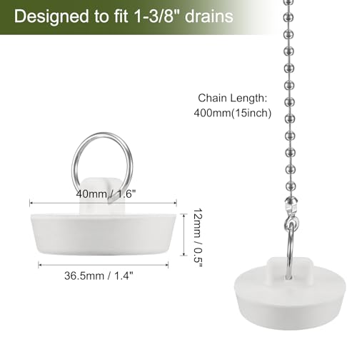 uxcell 2 Pcs Tub Stoppers, Rubber Bathtub Stoppers 1-3/8" Kitchen Sink Drain Stopper, Bathroom Drain Plug with Pull Ring and 15" Beaded Chain, White - size: 1-3/8"