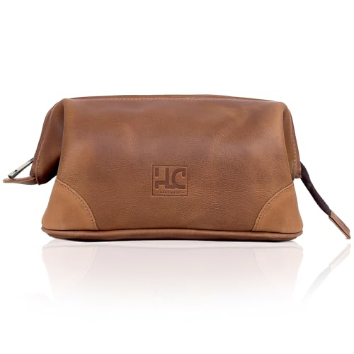 HLC Leather Toiletry Bag for Men Best Gift Premium Genuine Leather Dopp Kit Shaving Kit Organizer Travel Kit Pouch Bag for Men Large Size (TAN) - color: Tan