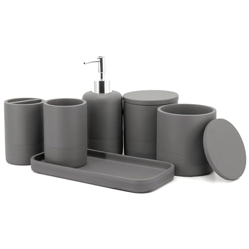 ZCCZ Gray Bathroom Accessories Set 6 Pieces - Toothbrush Holder, Lotion Dispenser, Qtip Container, Vanity Tray, Tumbler - Countertop Organizer for Bathrooms - Elegant and Functional Décor Set - color: Gray, size: 6pcs