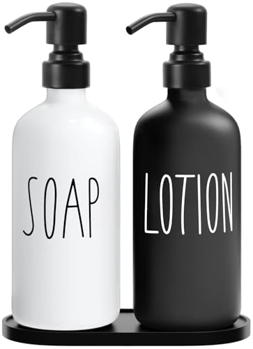 MOMEEMO Glass Soap Dispenser with Stainless Steel Pump, Contains Lotion Dispenser, Hand Soap Dispenser & Tray. (Black & White) - color: S&l Black White With Tray