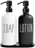 MOMEEMO Glass Soap Dispenser with Stainless Steel Pump, Contains Lotion Dispenser, Hand Soap Dispenser & Tray. (Black & White) - color: S&l Black White With Tray
