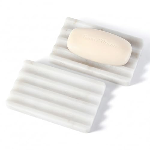 2PCS Koville African Natural Marble Soap Dish for Shower, Stone Soap Tray for Bathroom, Bar Soap Holder for Sink, Stripe Grooves Saver Keep Bars Dry Easy Clean (Namib Bianco) - color: White