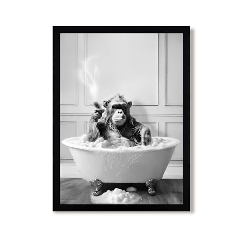 Urmoya Funny Monkey Bath Bathroom Decor Canvas Wall Art 12x16 in | Wood frame, Black and white bathroom decor, Funny chimpanzee in bathtub, Canvas print, Ready to hang - color: Chimpanzee, size: 16"L x 12"W