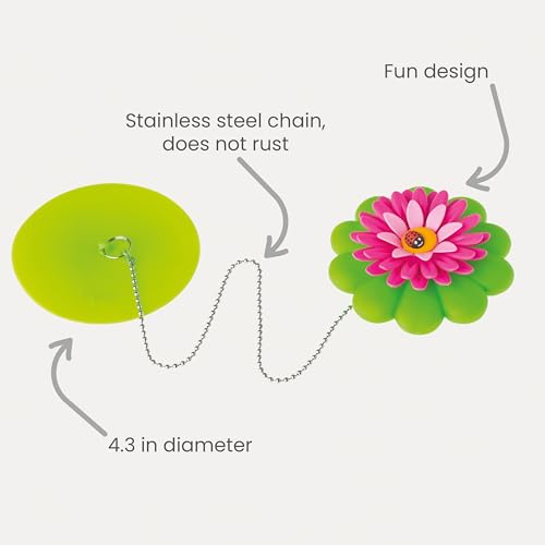 Vigar Flower Power Bathtub Drain Stopper with Chain - Universal Tub Stopper Bathtub Plug for Tub Drain, Decorative Daisy Bath Tub Stopper for Bathroom Sink Accessories and Tubs, Bath Plug - Pink Green