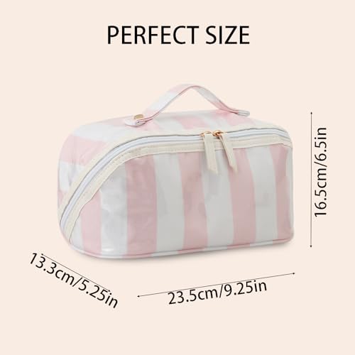 DYSHAYEN Stripe Travel Makeup Bag with Compartments Clear Coated Cosmetic Bag for Women, Waterproof Portable Open Flat Toiletry bag （White-Pink） - color: White-Pink