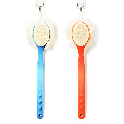Shower Body Brush with Bristles and Loofah,Back Scrubber Bath Mesh Sponge with Curved Long Handle for Skin Exfoliating Bath, Massage Bristles Suitable for Wet or Dry, Men and Women (Grey) - color: Grey