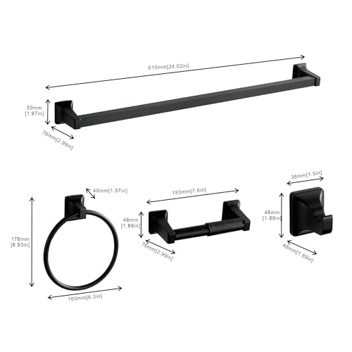 4 Pieces Bathroom Hardware Accessories Set, Stainless Steel 24 inch Towel Bar, Towel Rack, Robe Hook, Toilet Paper Holder for Bathroom Wall Mounted (Matte Black) - color: Matte Black