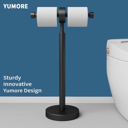 YUMORE Toilet Paper Holder Stand, Floor Freestanding Double Roll Black Tissue Paper Stand for Modern Bathroom, Weighted Round Base Stainless Steel Toilet Roll Holder,Extra Capacity - size: 2 Roll