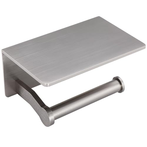Toilet Paper Holder with Shelf, Adhesive or Screw Wall Mount Toilet Roll Holder for Bathroom, Rustproof Solid Aluminum Commercial Toilet Tissue Holder with Storage, Brushed Nickel - color: Brushed Nickel-1 Roll