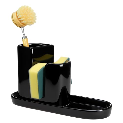 Geelin 3 in 1 Ceramic Kitchen Sink Caddy Dish Sponge Holder Scrub Brush Holder and Soap Tray for Kitchen Organizer Rustic Farmhouse Supplies(Black) - color: Black