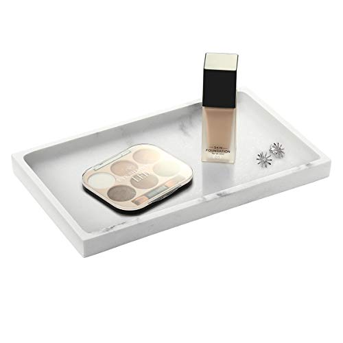 Emibele Bathroom Vanity Tray Countertop, 10" Rectangular Marble Resin Tray | Dresser Kitchen Sink Tray, for Jewelry Cosmetic Perfume Soap Candle, Lightweight Waterproof Tray, Medium, Gravel White - color: White, size: 10" x 6.1" x 0.8"