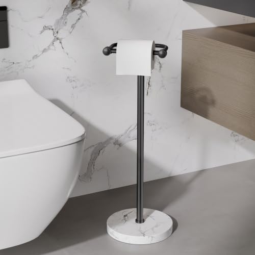 RARXTR Toilet Paper Holder Stand, Bathroom Free Standing Toilet Paper Stand with Modern Marble Base, Post Pivoting Toilet Paper Stand with Stainless Steel Tissue Rack, Rust-Proof & Heavy(Matte Black) - color: Matte Black, size: With Marble Base