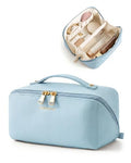 BAGSMART Makeup Bag Travel Cosmetic Bag, Large Make Up Bag Flat Open Toiletry Bag for Women, PU Leather Travel Essentials Organizer Case, Wide-open Pouch Purse for Skincare, Brushes, Sky Blue - color: 12- Sky Blue