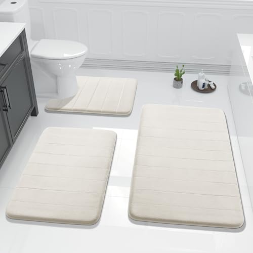 Yimobra 3 Pieces Memory Foam Bath Mat Set with U-Shaped Toilet Rug - Non Slip Super Soft Absorbent Quick Dry Bathroom Rugs for Bathtub, Vanity & Toilet Base, Cream White - color: Cream White, size: 44''x24'' + 31.5''x20'' + 24''x20''