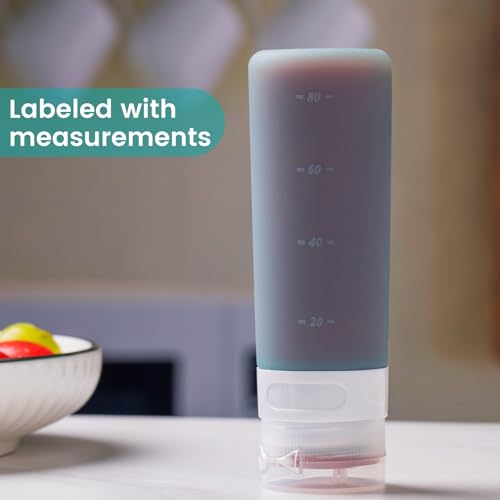 MICEBAY Condiment Squeeze Bottles for Sauces, 3-oz Mini Silicone Salad Dressing Container to Go with Snack Storage Bag, Leakproof Sauce Bottles for Lunch Box, 4 Pack, Mint - color: Mint, size: 3 OZ