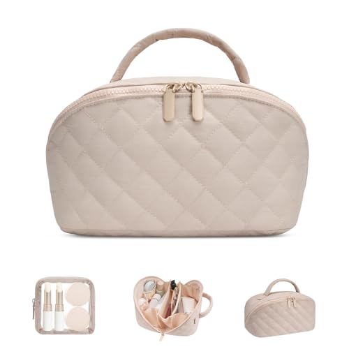 honitty Makeup Bag, Quilted Makeup Bag, Puffy Travel Make up Bags, Cosmetic Organizer Bag, Waterproof Toiletry Bag for Women - color: Khaki
