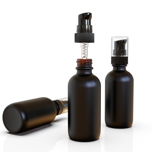 12Pack 2oz Black Glass Pump Bottles, 60ml with Black Pump, Empty Refillable Travel Small Container For Lotion Cream Essentil Oil Shampoo (60mlpumpBLK) - size: 2oz Black Glass
