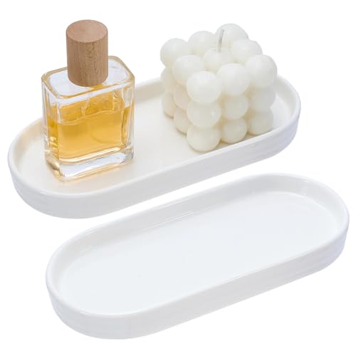 2PCS White Ceramic Round Soap Dispenser Tray, 3.5 X 8 Ceramic Vanity Tray for Bathroom Counter Decorative, Jewelry Ring Dish, Toilet Tank, Candles, Kitchen Sink Countertop Organizer Plate