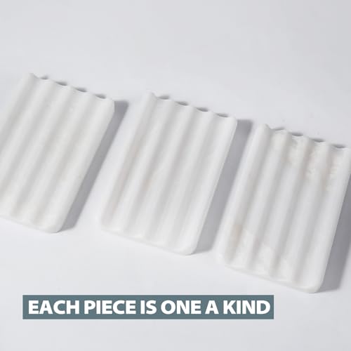 2PCS Koville African Natural Marble Soap Dish for Shower, Stone Soap Tray for Bathroom, Bar Soap Holder for Sink, Stripe Grooves Saver Keep Bars Dry Easy Clean (Namib Bianco) - color: White