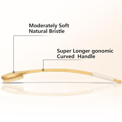 Back Scrubber Brush for Shower, 22" Curved Long Bamboo Handle Shower Brush, Antiskid Body Bath Brushes for Back Dry/Wet Brushing, Moderately Soft Natural Bristle Body Brush for Showering (Beige)