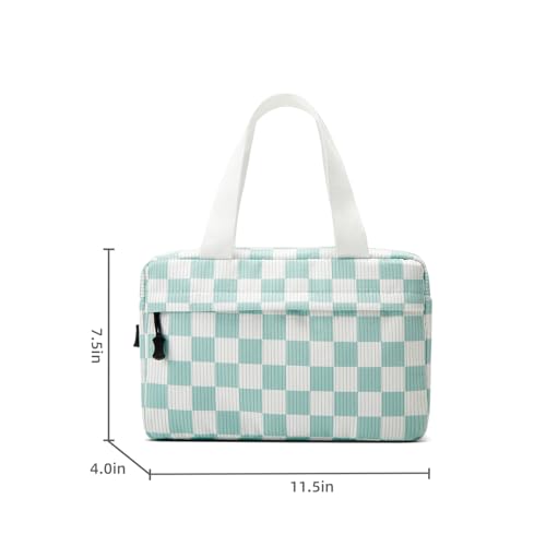 Large Makeup Bag for Women Corduroy Cosmetic bag Make up Bags Zipper Pouch with handle Cosmetic Organizer Toiletry Bag for Travel Storage - color: 23-Checkered Mint Green White