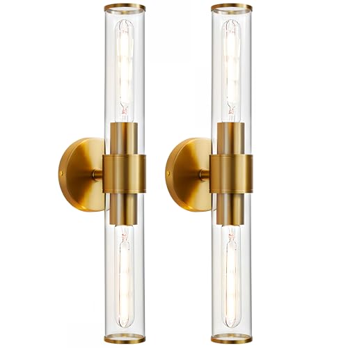 Gold Wall Sconce 2 Pack Hardwired, Bathroom Light Fixtures Clear Glass Featuring Two E26 sockets, Vanity Lights Fixtures for Bathroom, Dimmable - Bulb Not Included, UL Certification - color: Gold Clear Glass-2Pack