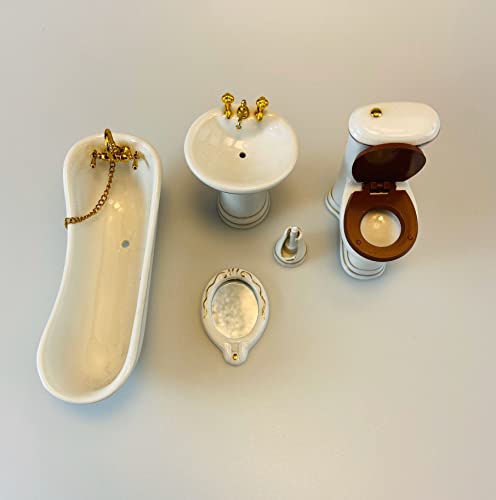 Dollhouse Bathroom Set 5PCS Miniature Porcelain Furniture 1/12 Victorian Dollhouse Furniture White Ceramic Toilet Bathtub Washbasins Decoration Accessory (Golden) - style: Golden