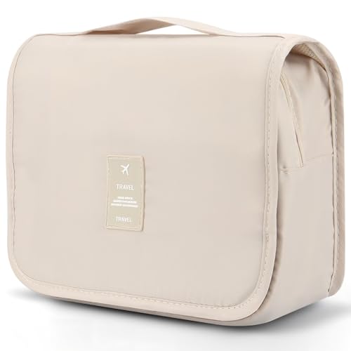 Makeup Bag,Large Capacity Make Up Bag for Women Men,Open Flat Travel Cosmetic Bag Organizer Toiletry Bag with Compartments(Beige)