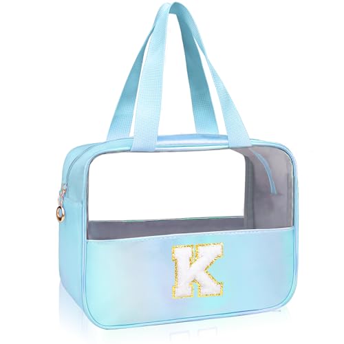 Personalized Initial K Clear Blue Makeup Bag - Large Travel Toiletry Bag, Cute Cosmetic Organizer Set for Girlfriend, Teacher, Teen Girl Gifts - color: Blue, style: K