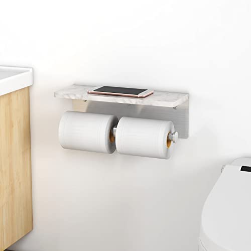 Brushed Nickel Toilet Paper Holder with Shelf, New Upgrade Double Toilet Paper Holder with Storage, Marble Roll Toilet Paper Wall Mount for Bathroom Washroom - color: Brushed Nickel Double