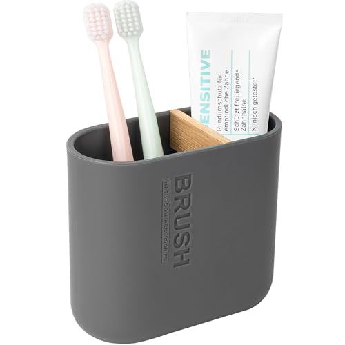 Toothbrush Holders Bamboo Electric Toothbrush Holder Bathroom Storage Organizer Countertop for Toothpaste, Floss, Razor, Grey - color: Grey