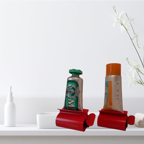 XYKEEY Toothpaste Tube Squeezer - Set of 2 Toothpaste Squeezer Rollers, Metal Toothpaste Tube Wringer Seat Holder Stand (Red) - color: Red