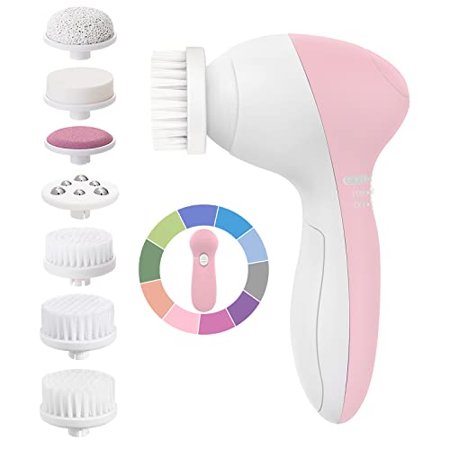 COSLUS Facial Cleansing Brush Silicone Face Scrubber: 7 in 1 FBS-D Electric Exfoliating Rotating Massage Device Waterproof Deep Cleaning Exfoliation Spa Machine - Electronic Skin Care Wash System - color: Pink, size: With 7 brush heads