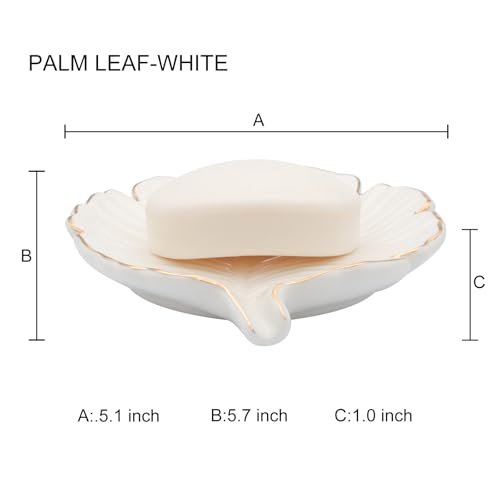 White Leaf Bathroom Soap Dish,Ceramic Soap Dish Holder in Palm Leaf Style,Self Draining Design and Used to Hold Various Small Bathroom and Kitchen Accessories - color: White