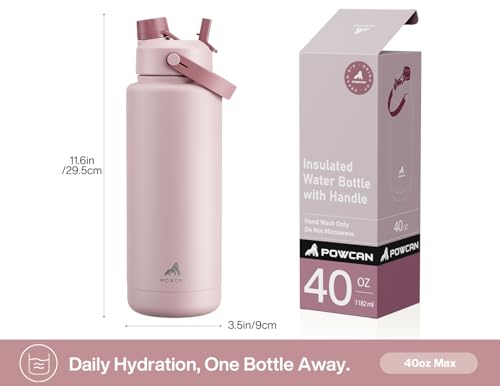 POWCAN 40 oz Insulated Water Bottle with 2-in-1 Straw and Spout Lid, Keep Cold 24H, Leak-Proof, BPA-Free, Double Wall Stainless Steel Water Bottle for Sports, Gym, Travel, and School (Dried Rose) - color: Dried Rose, size: 40 Ounces