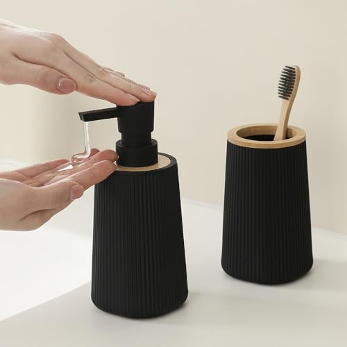 YAUKPH Bathroom Accessories Set 2 Piece Soap Dispenser and Toothbrush Holder for Bathroom Countertop Striped Black and Bamboo - color: Striped Black and Bamboo